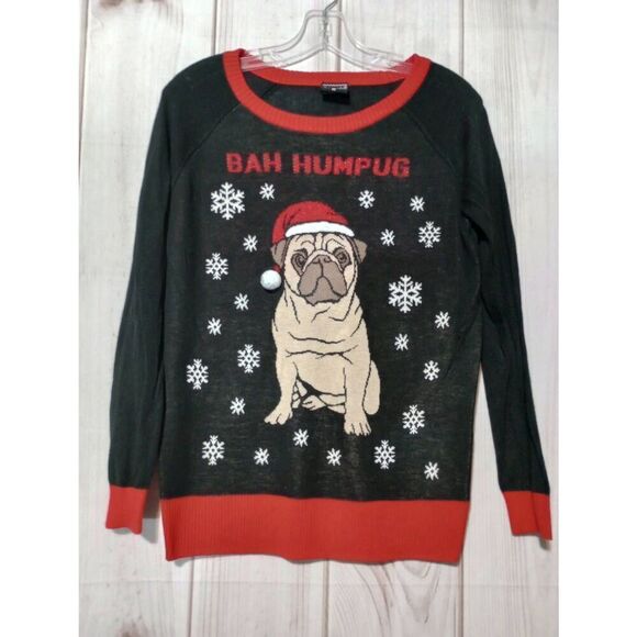 Pug Christmas Sweater Ladies Medium‎ Snow Bah Hum Bug Well Worn Light Weight - Picture 1 of 6